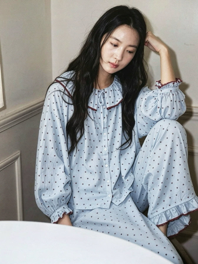 Vintage inspired blue cotton sleepwear set with polka dot print, ruffled collar and matching pajama pants