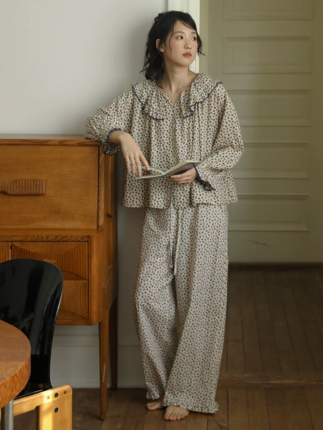 Cottage inspired floral cotton loungewear with ruffle neckline, gathered cuffs and comfortable fit
