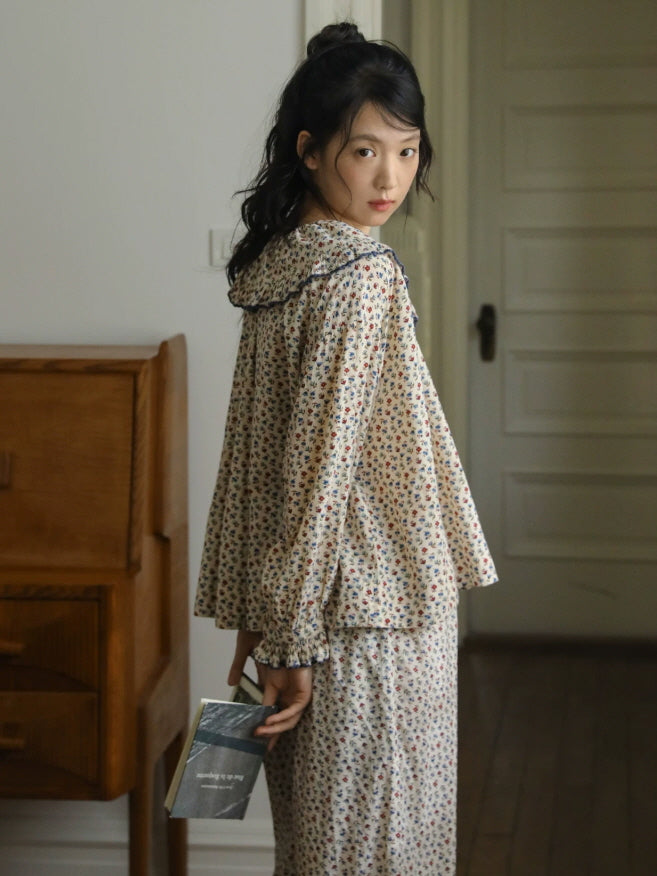Vintage inspired floral cotton pajama set with oversized ruffle collar and relaxed wide leg pants