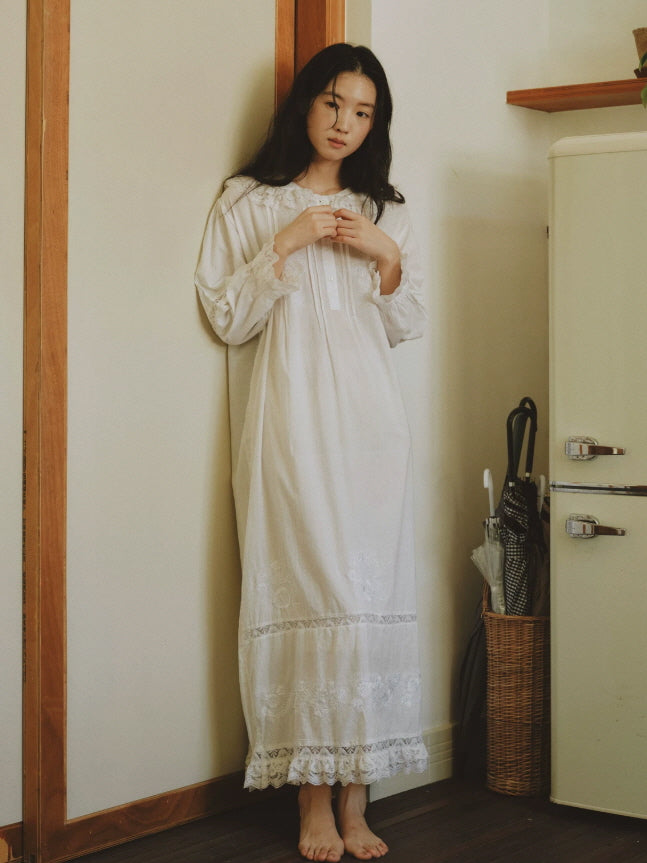 Romantic long cotton nightgown with floral embroidery, lace inserts and scalloped lace hem