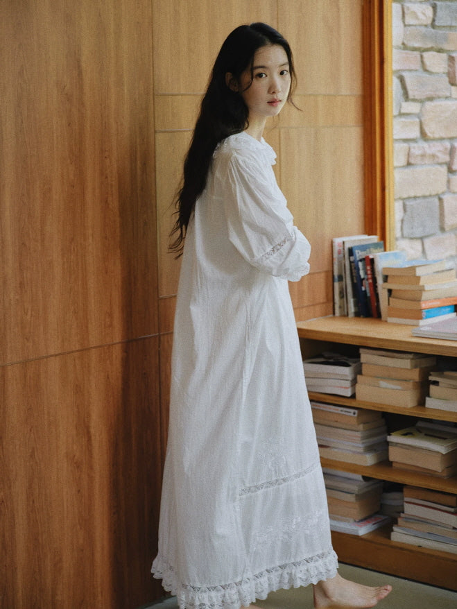 Cottagecore white cotton nightgown with lace neckline, gathered sleeves and ankle length skirt