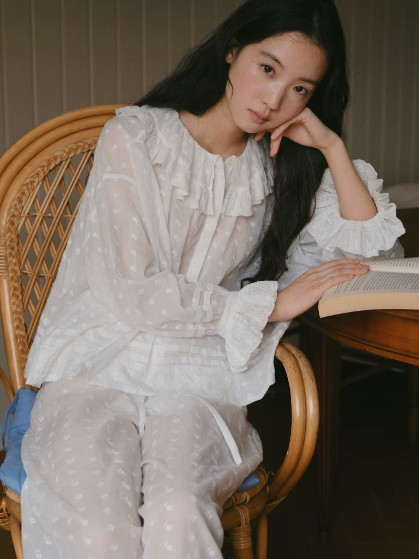 White embroidered pajama set with romantic ruffle collar and relaxed wide leg pants