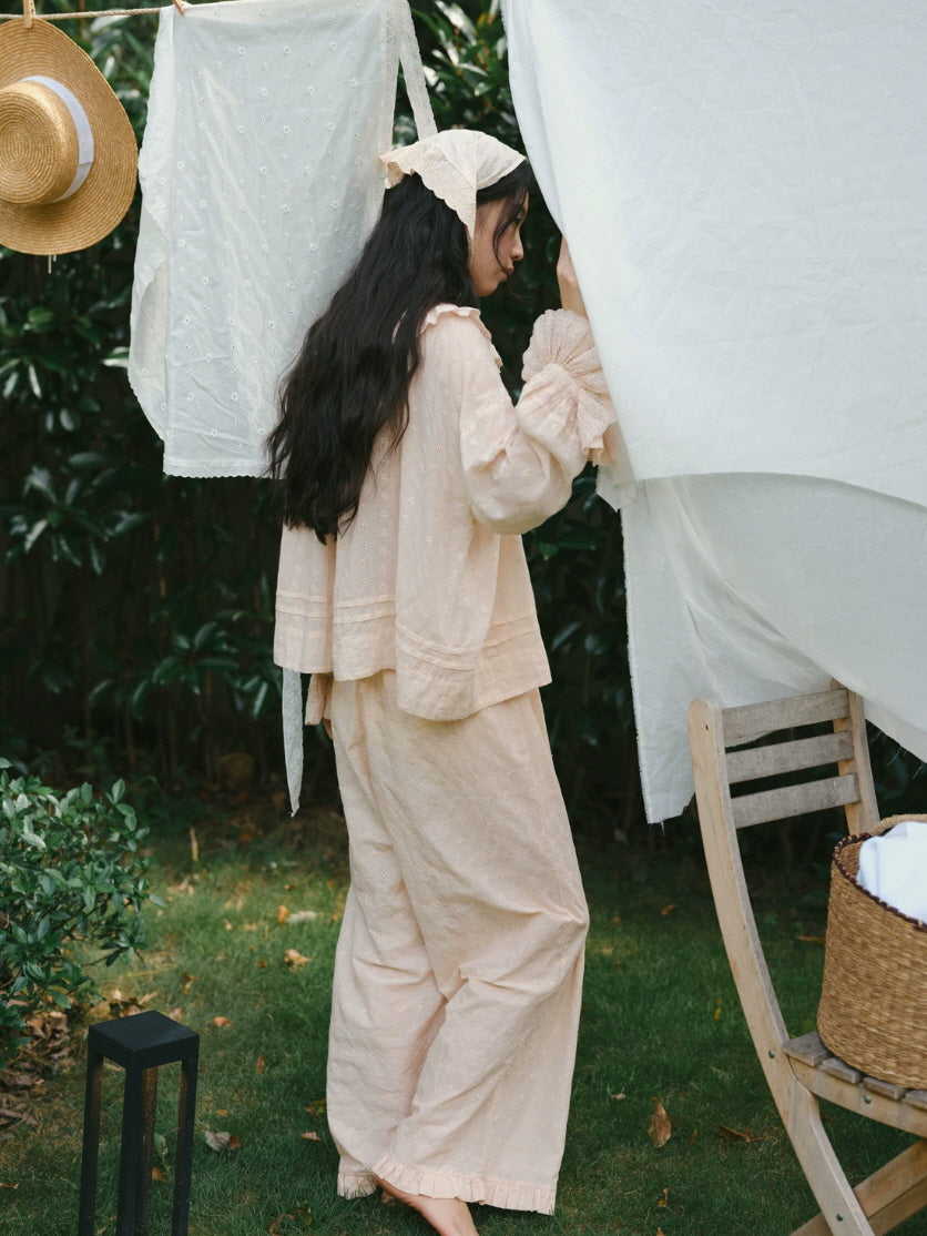 Meadow Ruffle Embroidered Cotton Pajama Set