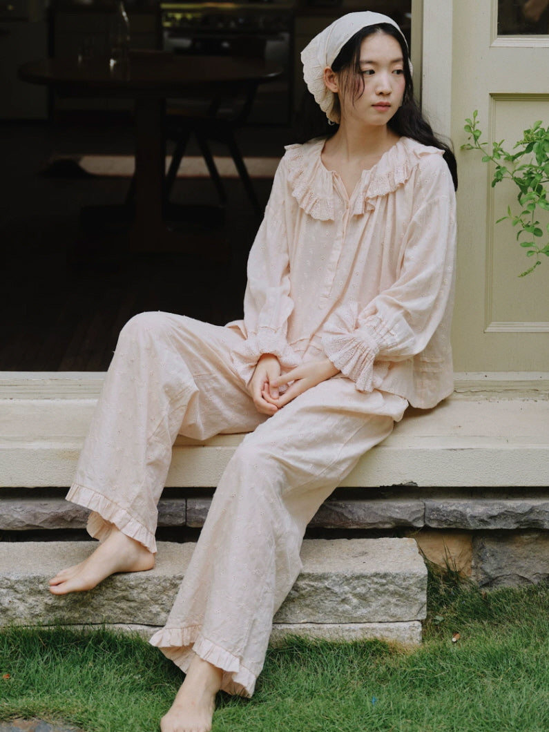 Meadow Ruffle Embroidered Cotton Pajama Set