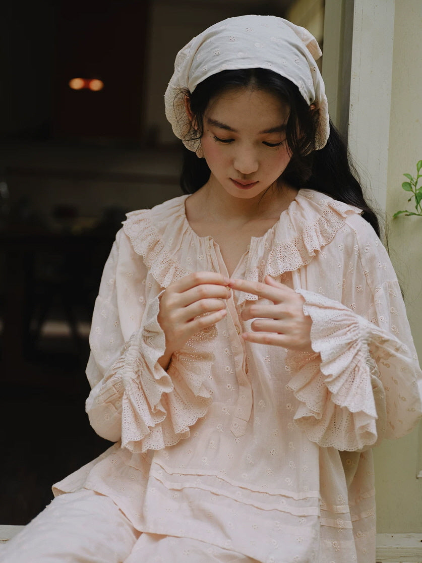 Blush pink cottagecore pajama set with ruffle lace collar and embroidered eyelet details