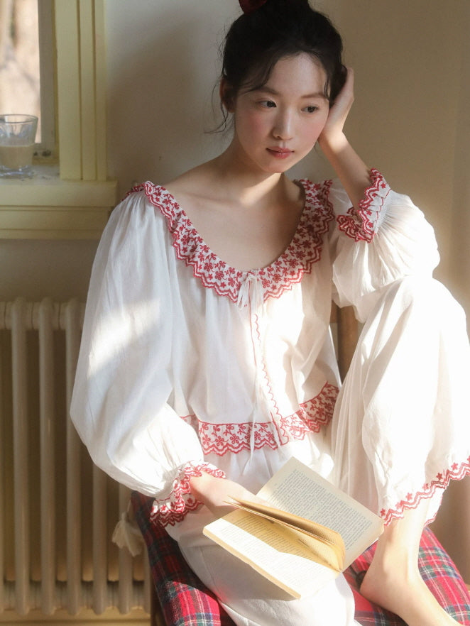 Romantic cottagecore sleepwear set with red floral embroidery and delicate scalloped trim