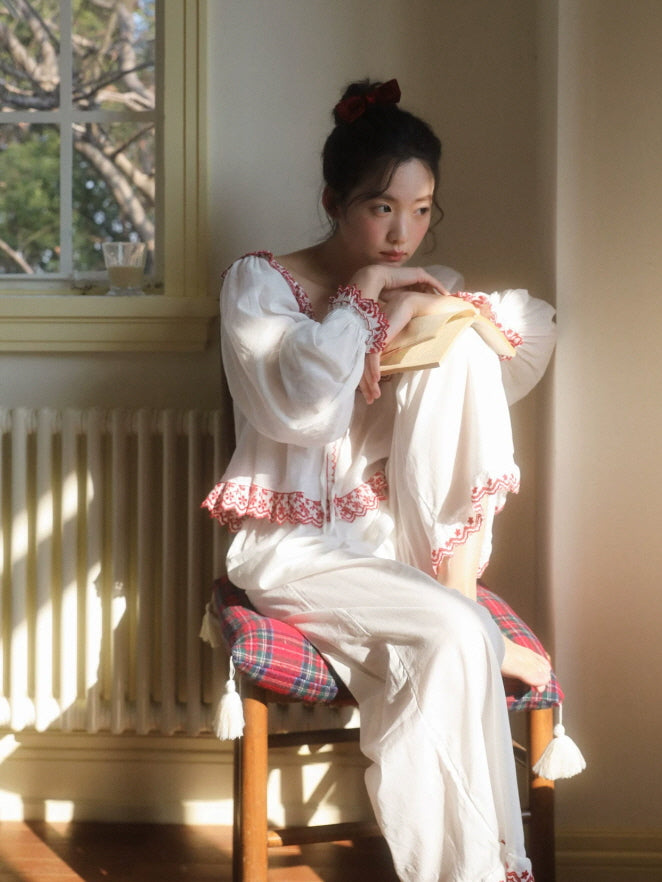 Romantic white pajama set with red embroidered ruffles and feminine cottagecore design