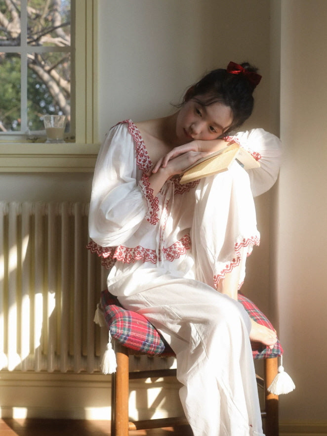 Scarlet Bloom Embroidered Cotton Pajama Set