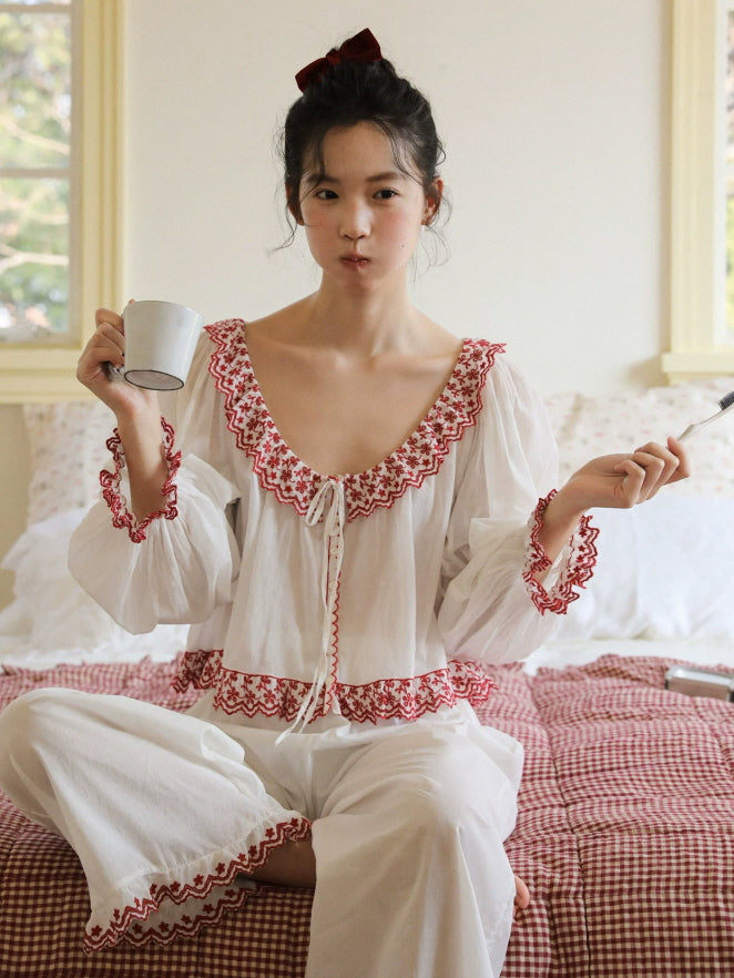 Scarlet Bloom Embroidered Cotton Pajama Set