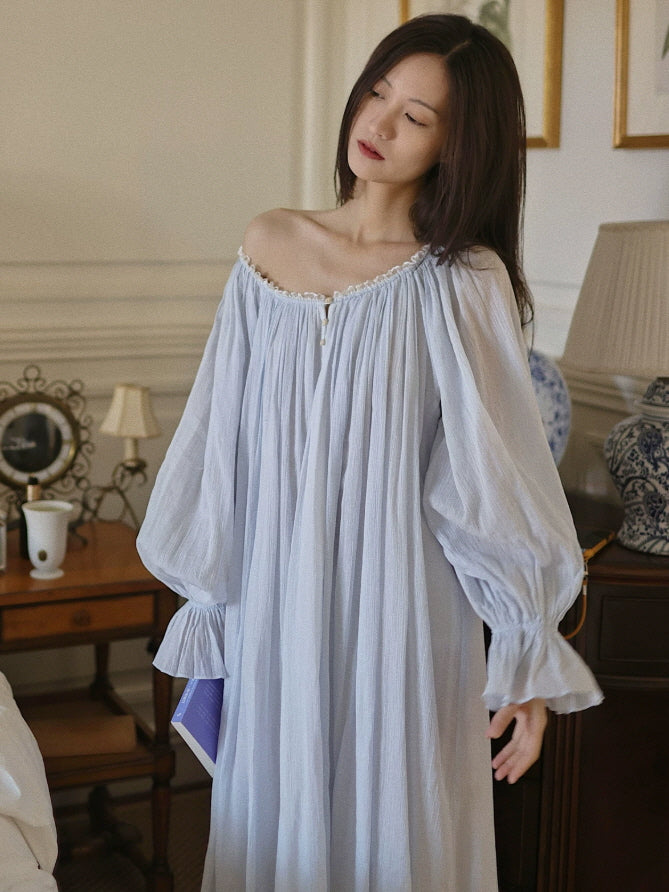 Light blue vintage style nightgown with ruffle cuffs, button detail and loose flowing silhouette