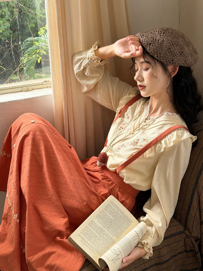 Autumn Cottage Embroidered Blouse & Suspender Skirt