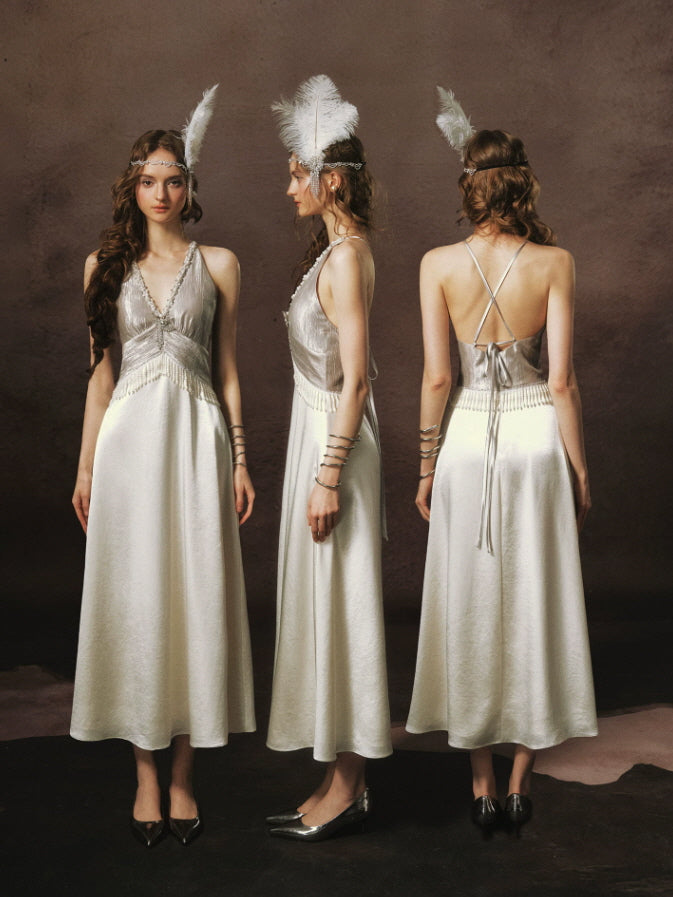 Silver Pearl Beaded Gatsby Vintage Maxi Dress