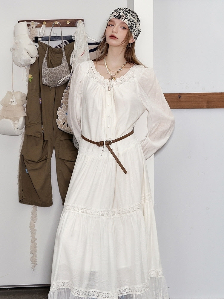 Ethereal Lace Trim Tiered Long Dress