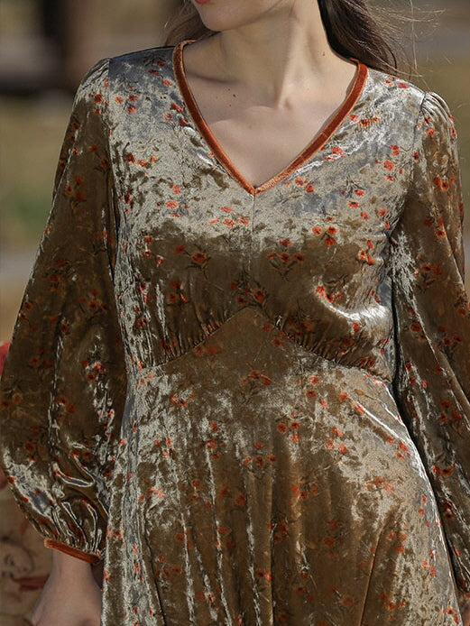 Elegant Autumn Vintage Velvet Floral Dress