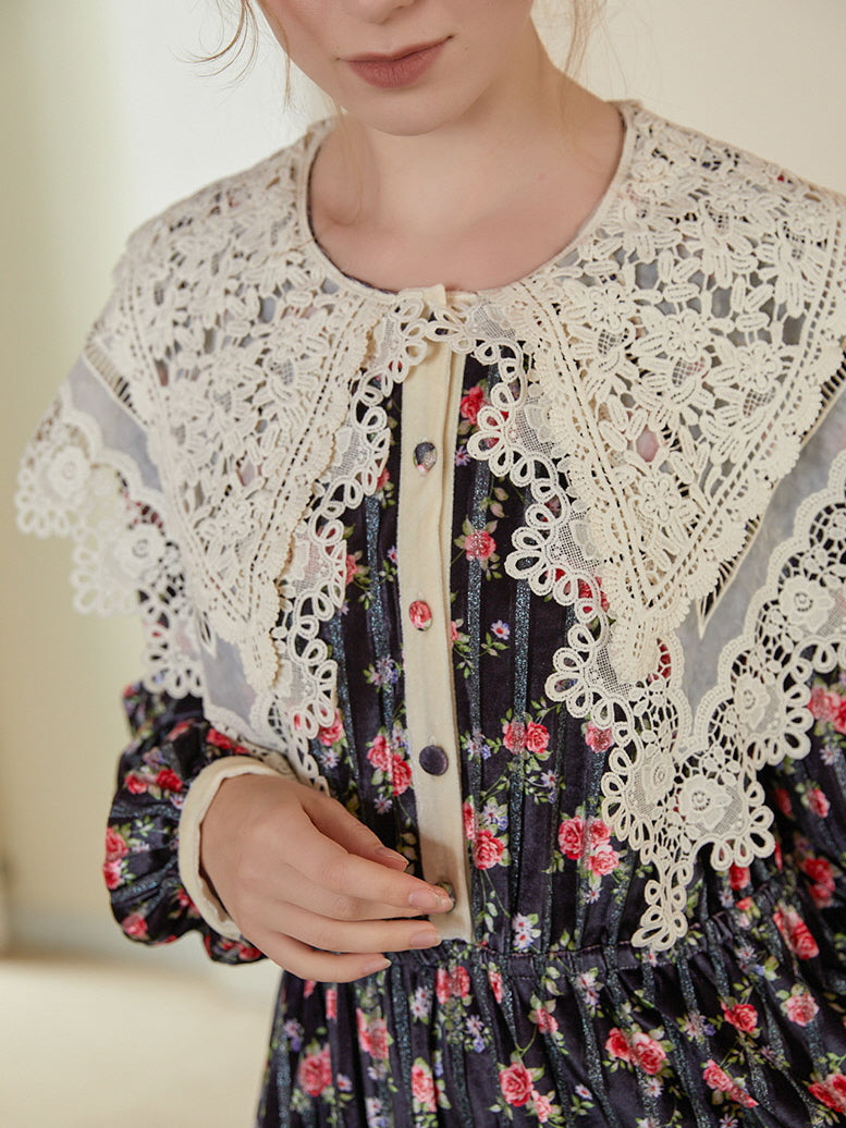 Velvet Rose Lace Collar Cottagecore Dress