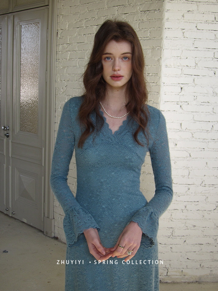 Sapphire Lace Bell Sleeve Dress