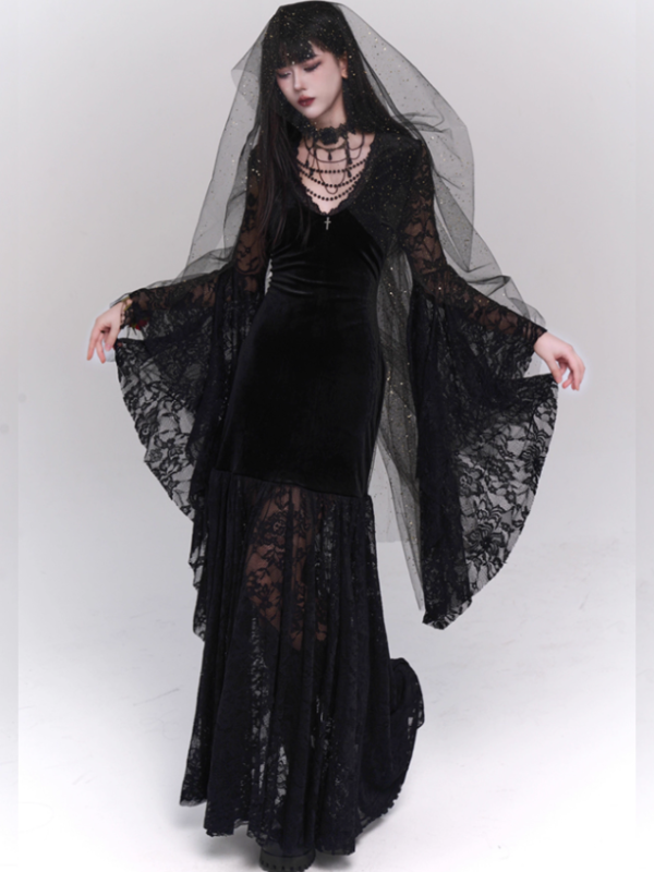 Black Velvet Lace Bell Sleeve Gothic Dress
