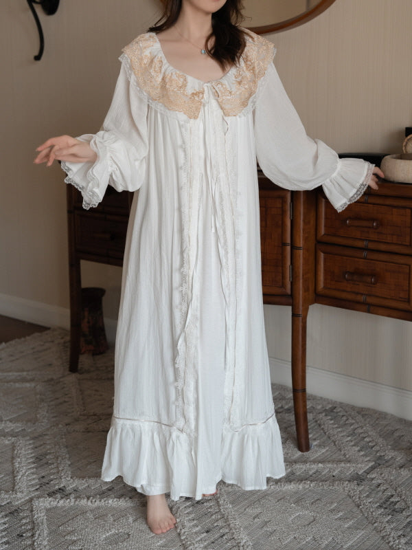 White Embroidered Victorian Loungewear Set