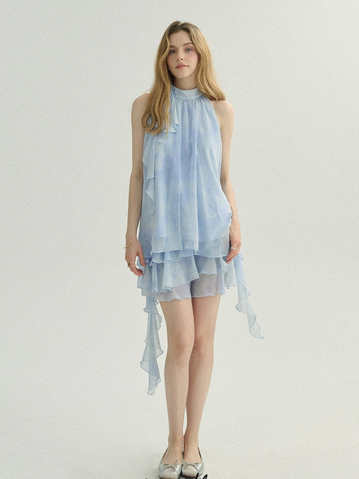 Ethereal Blue Ruffle Rose Halter Top