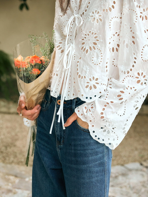 Floral Eyelet Lace Tie-Front Blouse