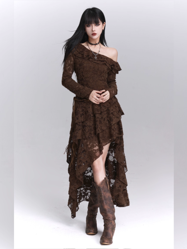 Mocha Lace Ruffle Dress