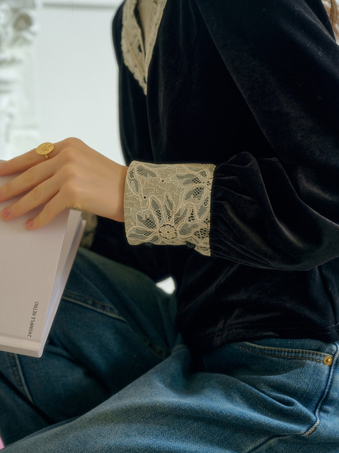 Victorian Lace Trim Black Velvet Blouse