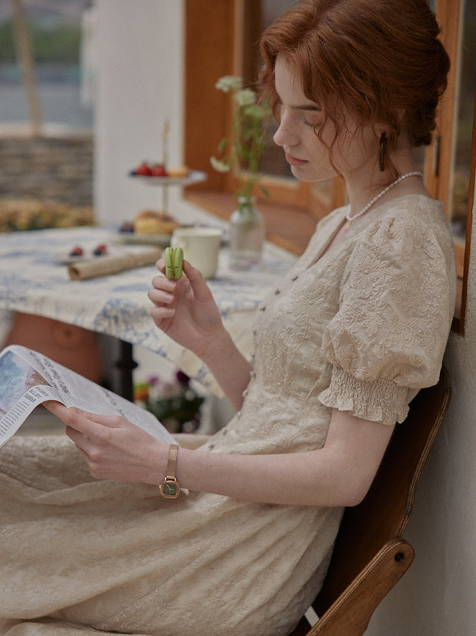 Vintage Lace Buttoned Puff Sleeve Dress