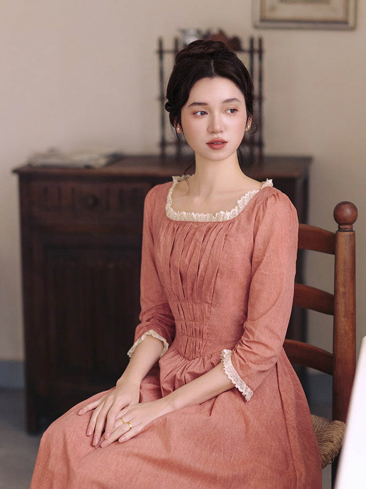 Retro Lace-Trimmed Cotton Dress