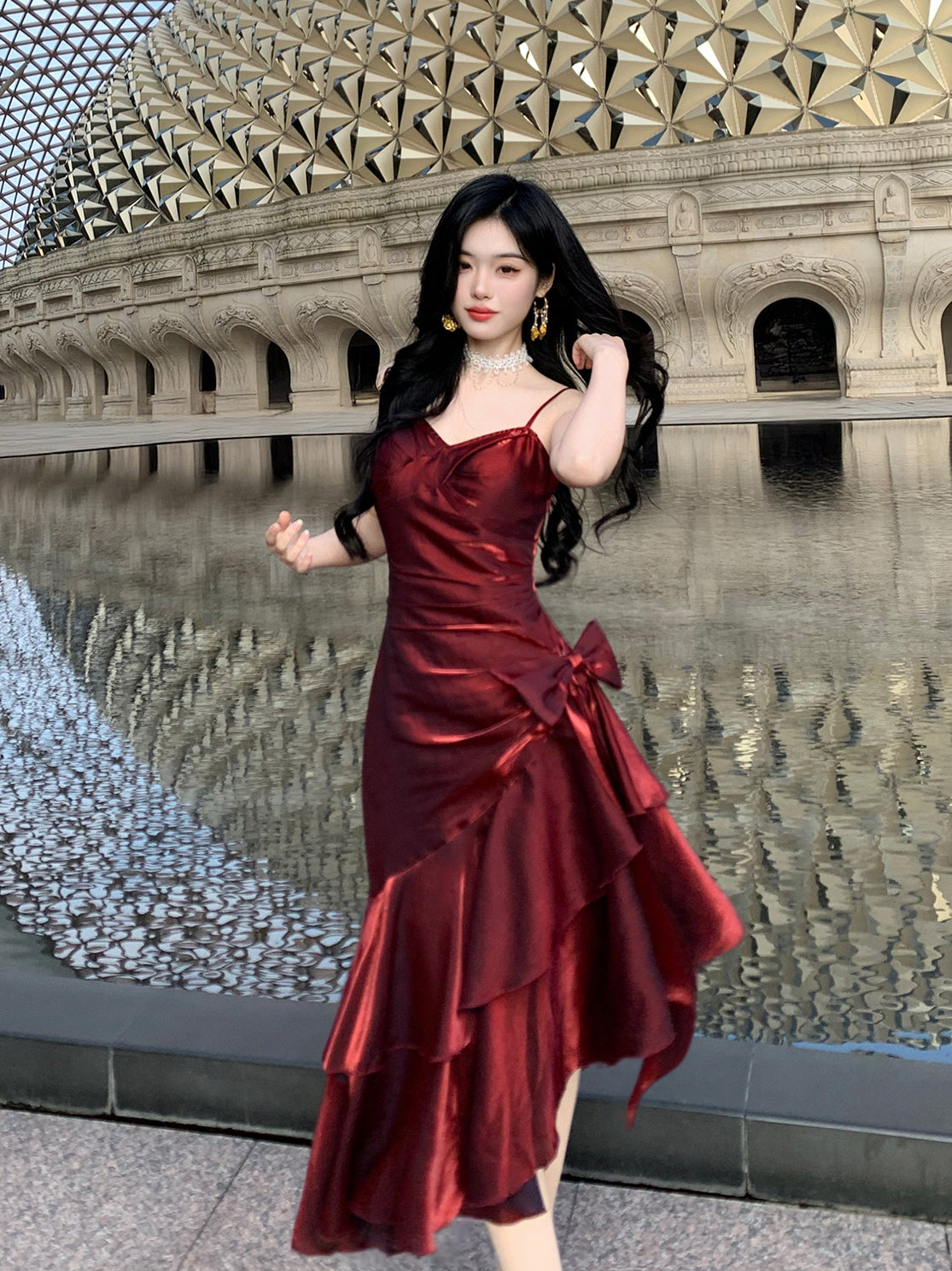 Red Satin Mermaid Bow Dress – Elegant Evening Party Outfit