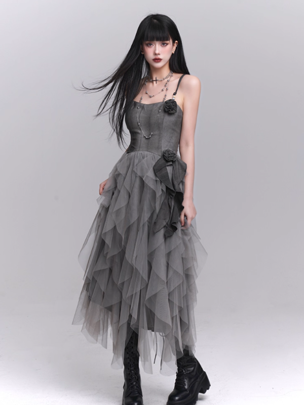Gray Rose Tiered Tulle Dress