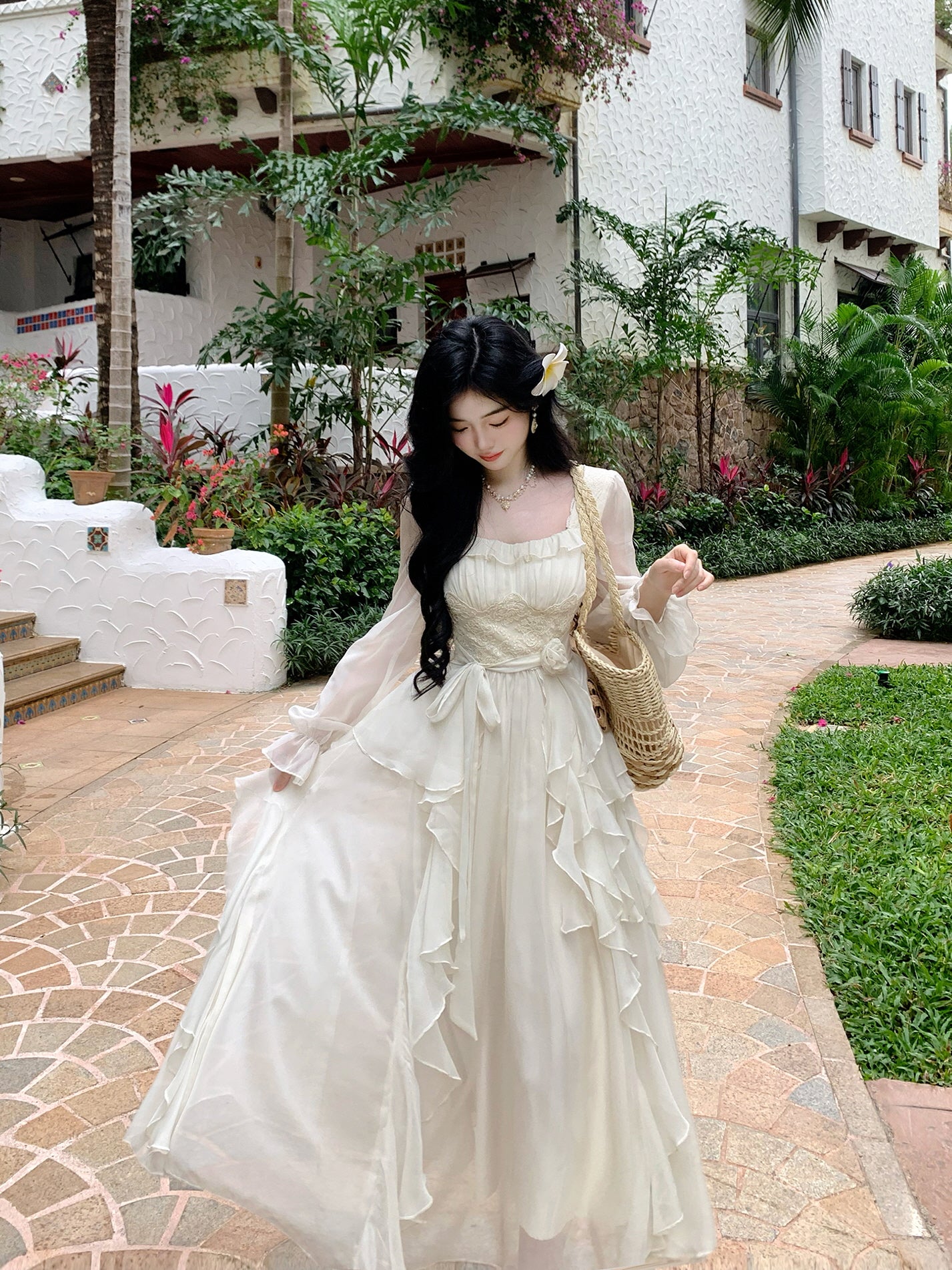 Vintage Ivory Chiffon Ruffle Dress