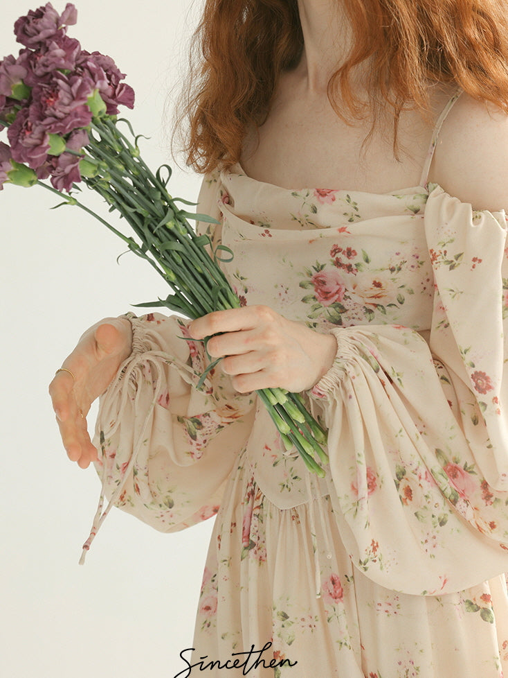 Vintage Rose Garden Off-Shoulder Dress