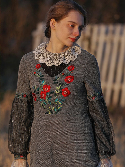 Embroidered Floral Lace Vintage Dress