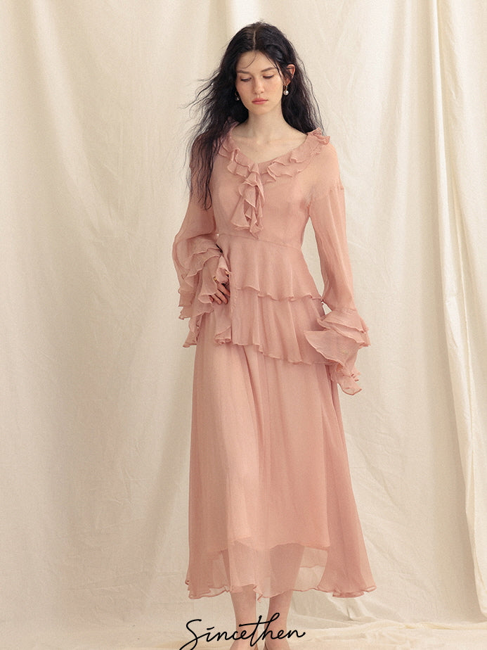 Whimsical Pink Ruffle Chiffon Blouse & Dress