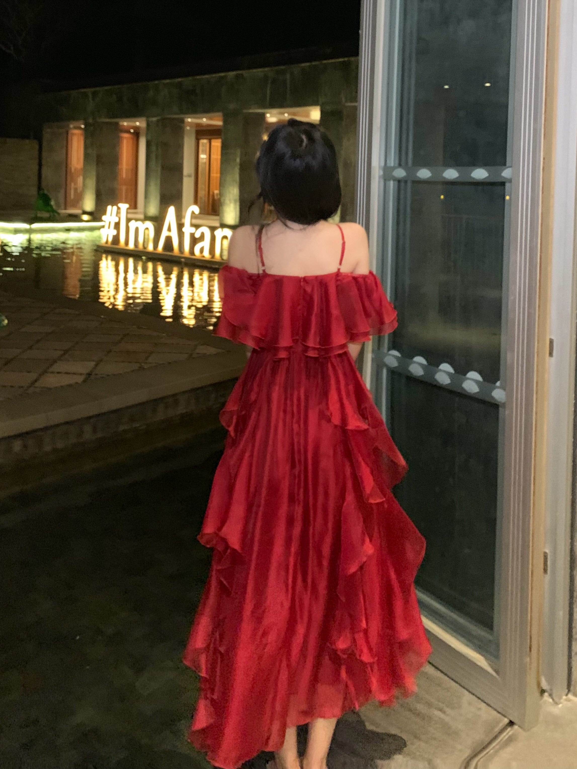 Scarlet Ruffle Off-Shoulder Chiffon Dress