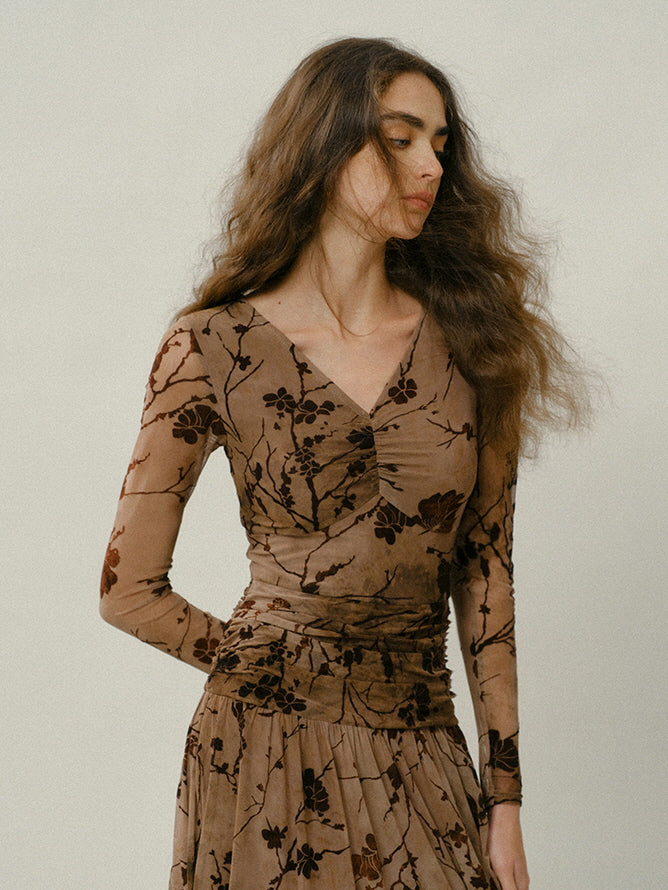 Brown Bloom Vintage Mesh Dress