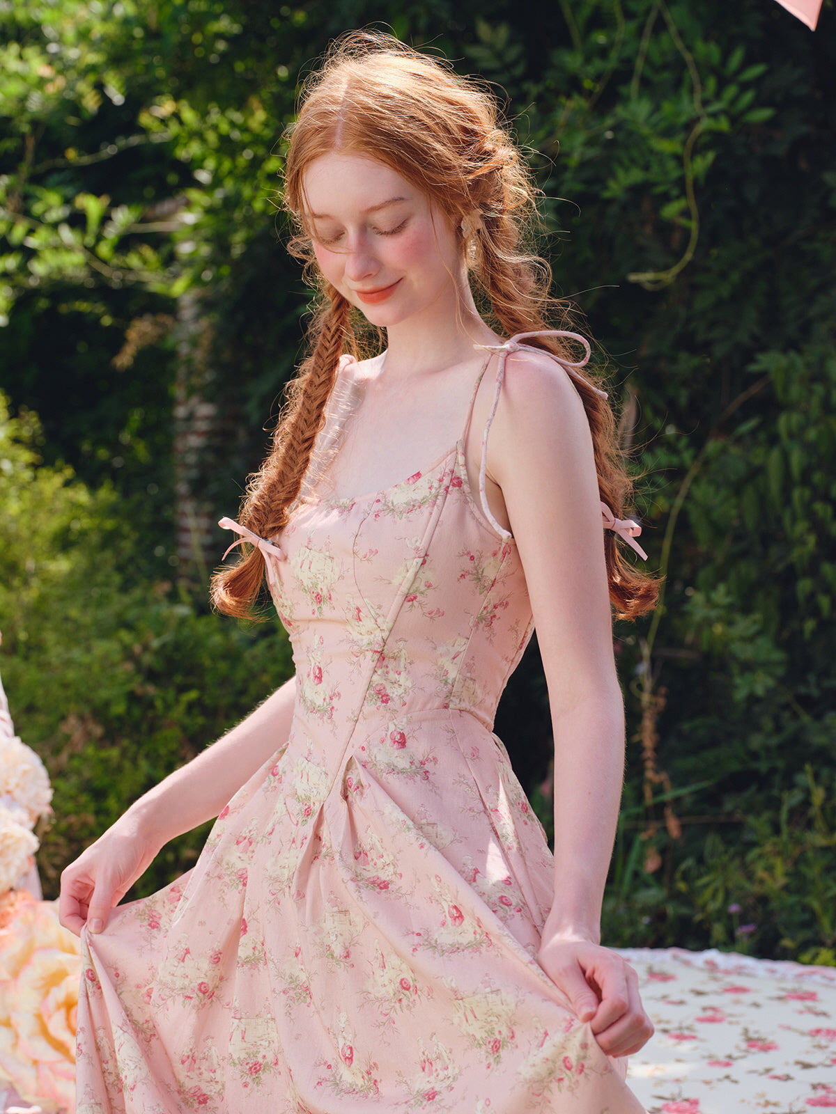 Pastoral Pink Vintage Floral Lace-Up Dress