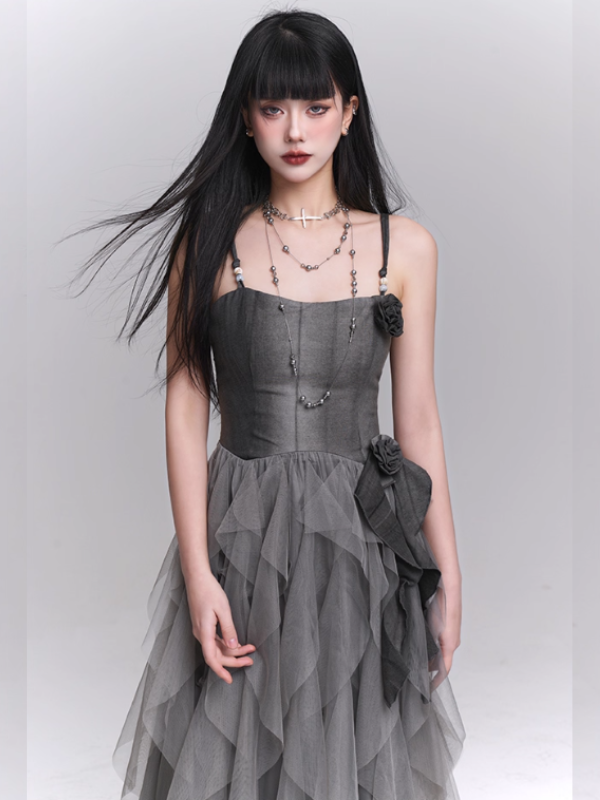 Gray Rose Tiered Tulle Dress