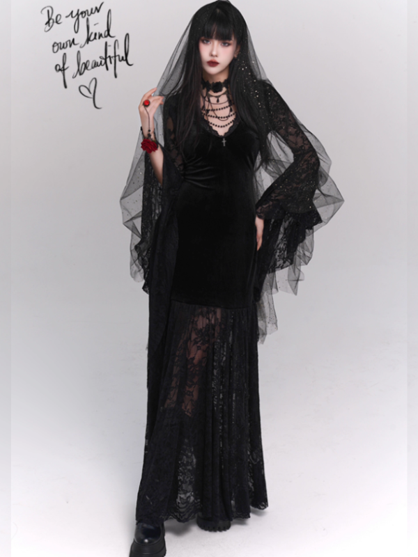 Black Velvet Lace Bell Sleeve Gothic Dress