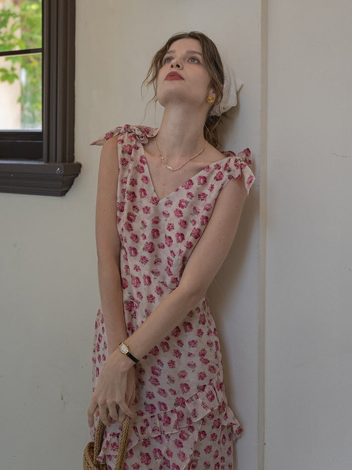 Romantic Rose Garden Ruffled Wrap Dress