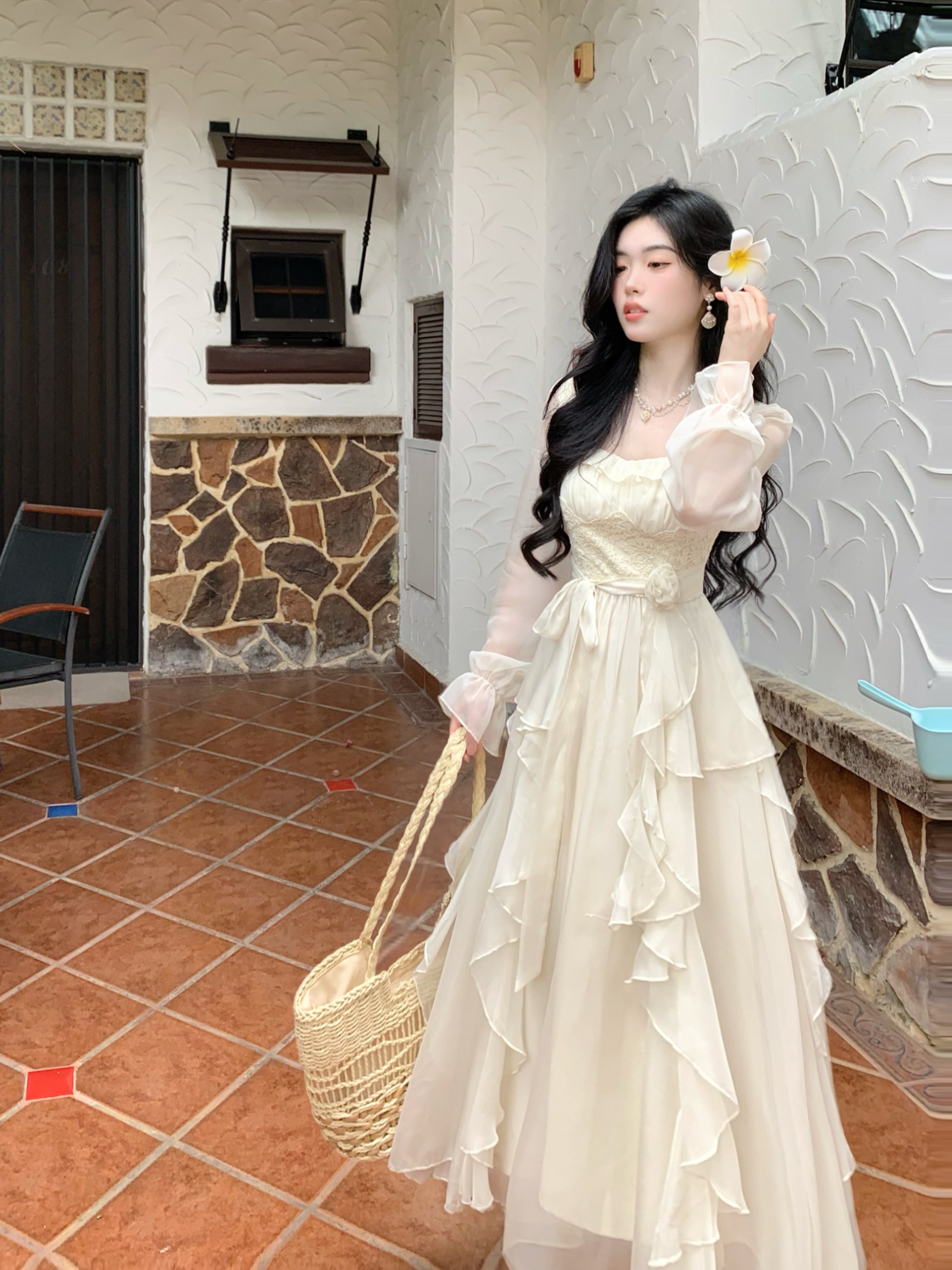 Vintage Ivory Chiffon Ruffle Dress