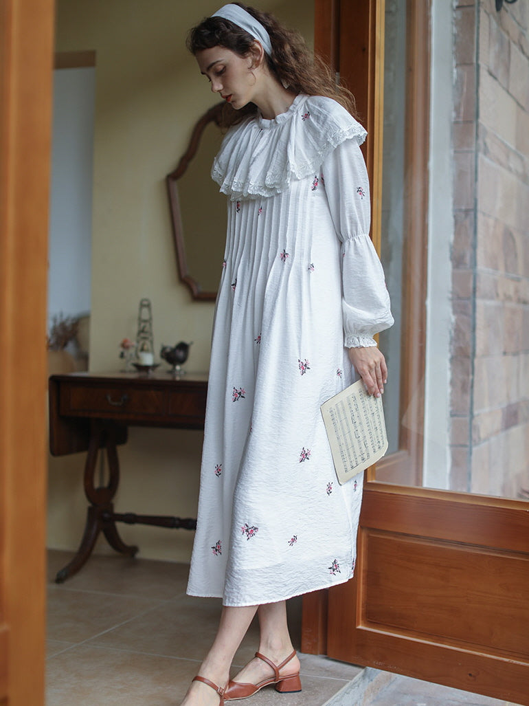 Floral Embroidery Vintage Ruffled Cotton Dress