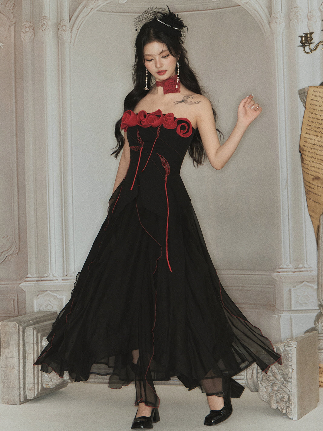 Enchanted Rose Embroidered Corset & Flowing Chiffon Skirt