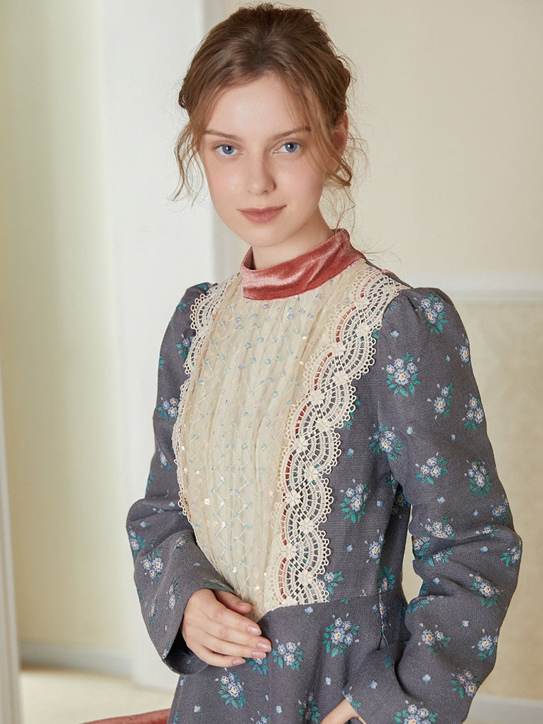 Vintage Floral Lace Trim Linen Dress