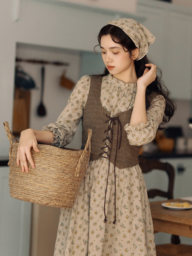 Floral Cottagecore Dress & Lace-Up Vest - Vintage Feminine Outfit, Retro Aesthetic Vest + Dress(Pre-Sale) / L Floral Cottagecore Dress & Lace-Up Vest - Vintage Feminine Outfit, Retro Aesthetic Vest + Dress(Pre-Sale) / L