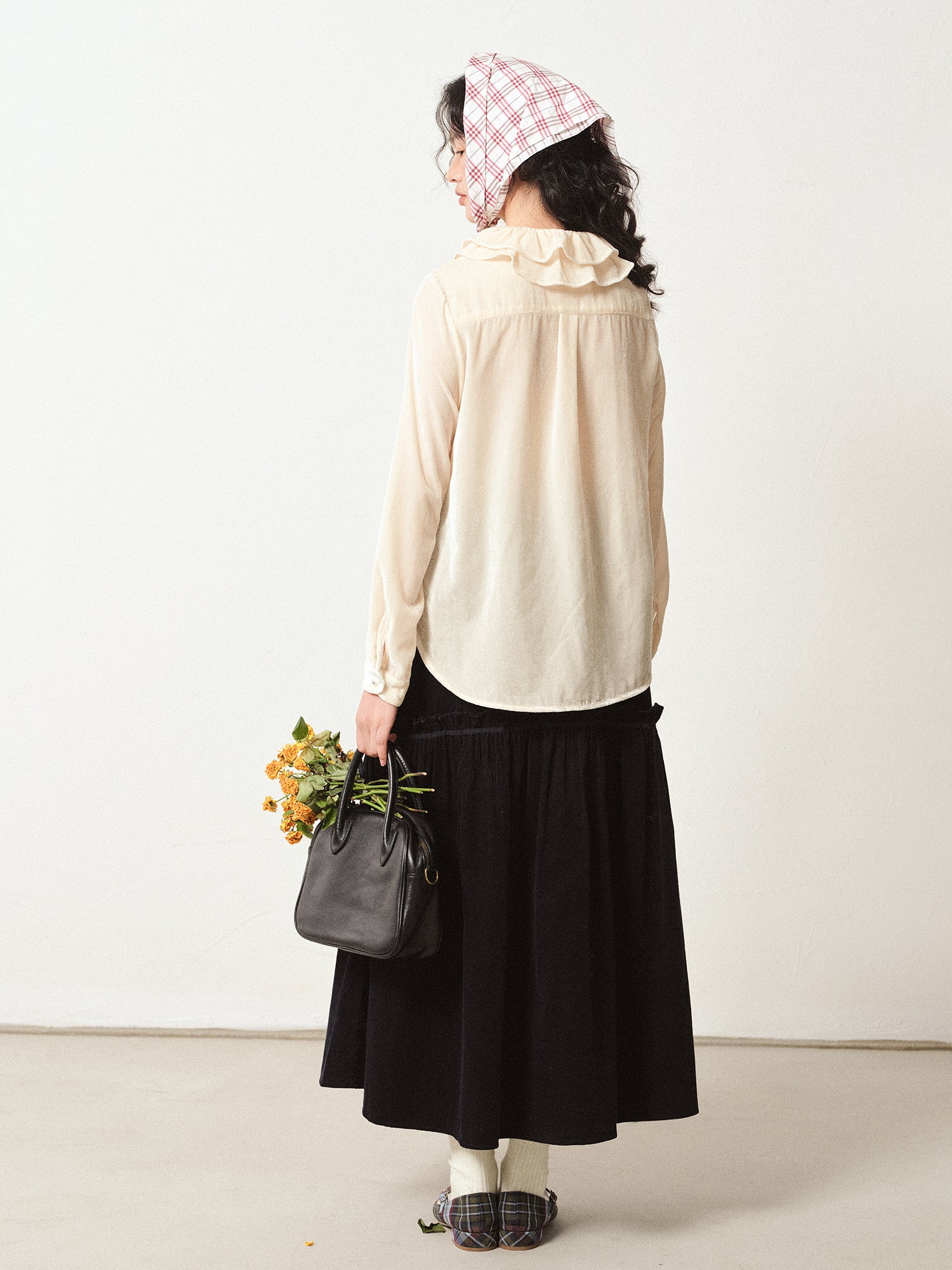 Vintage Velvet Blouse with Frilled Floral Collar