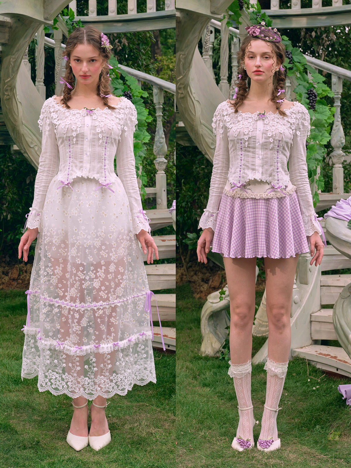 Lilac Ribbon Embroidered Lace Blouse