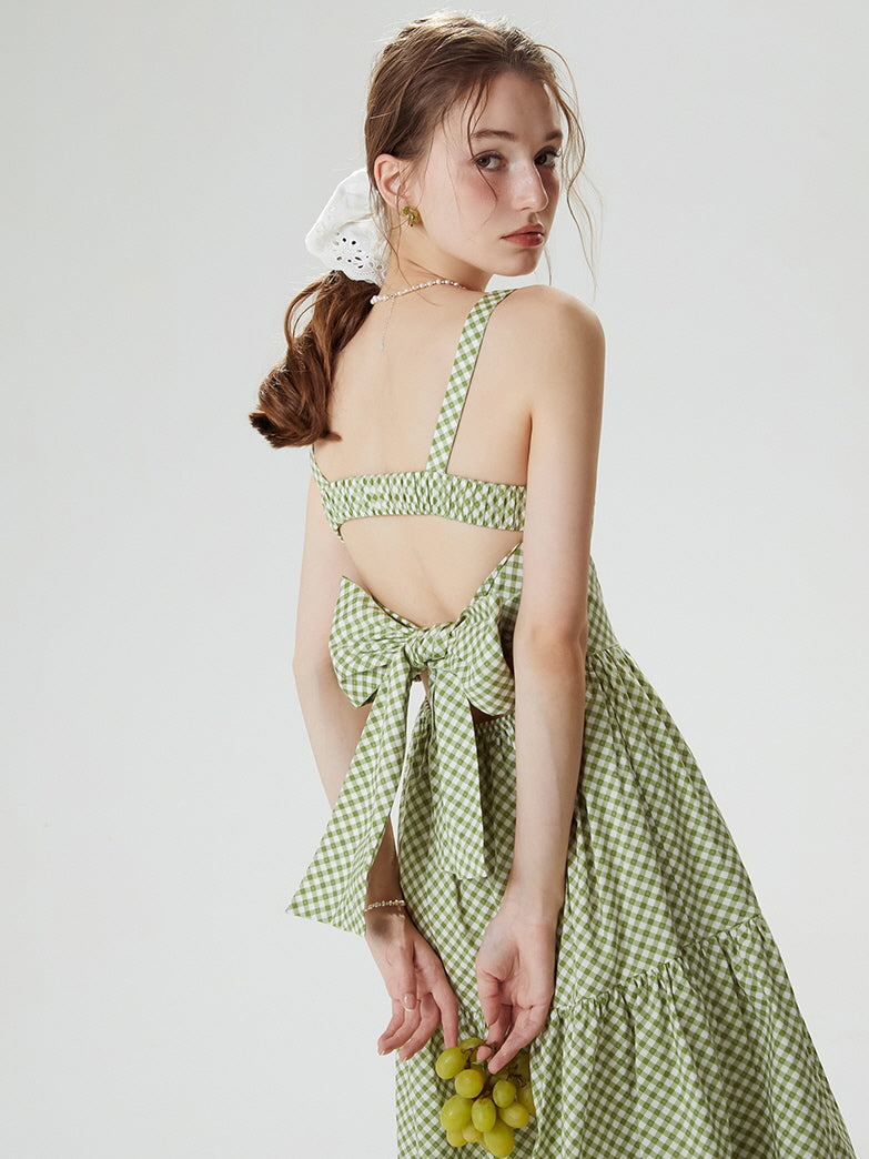 Cottagecore Gingham Bow-Tie Maxi Dress