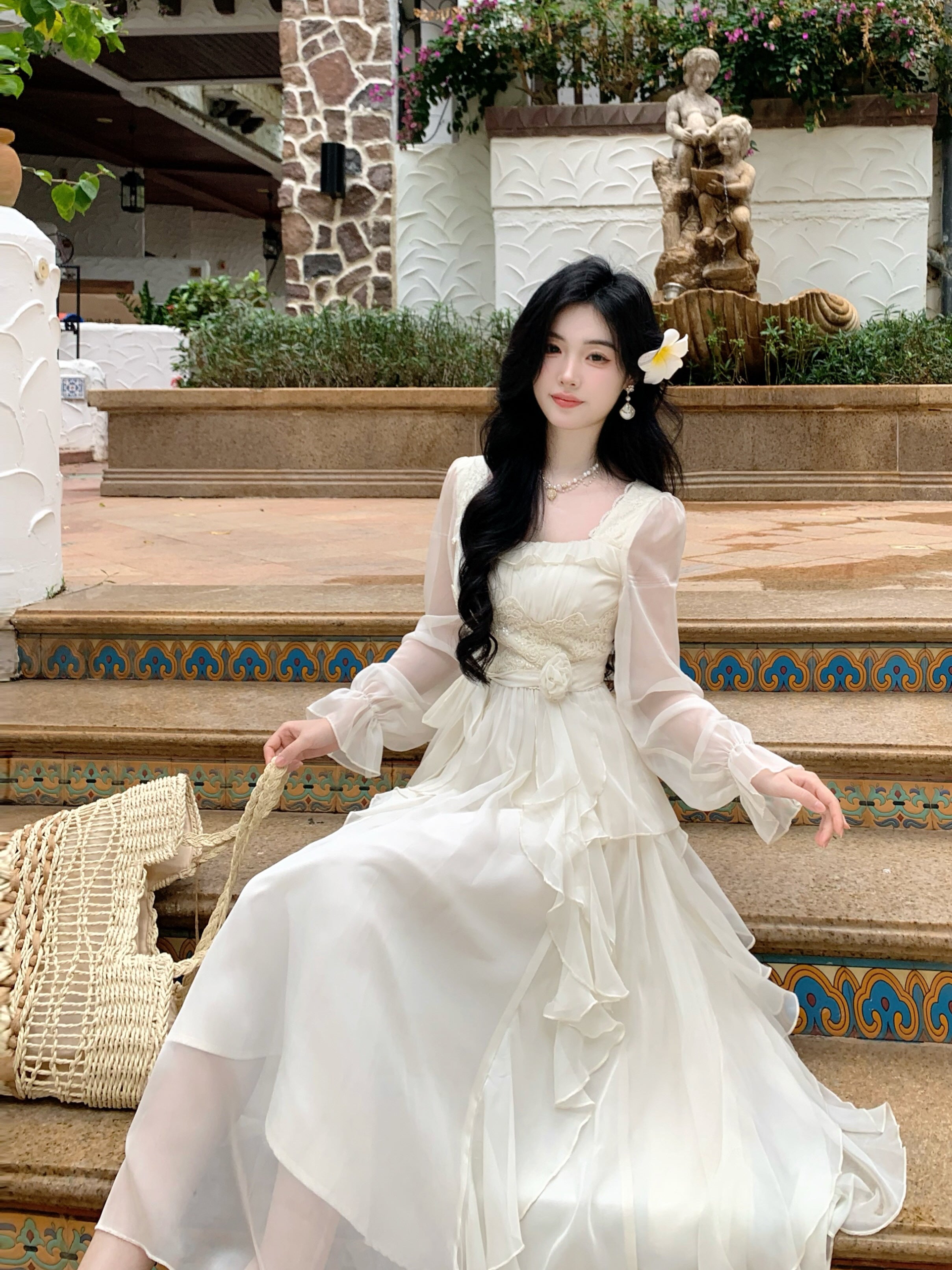 Vintage Ivory Chiffon Ruffle Dress