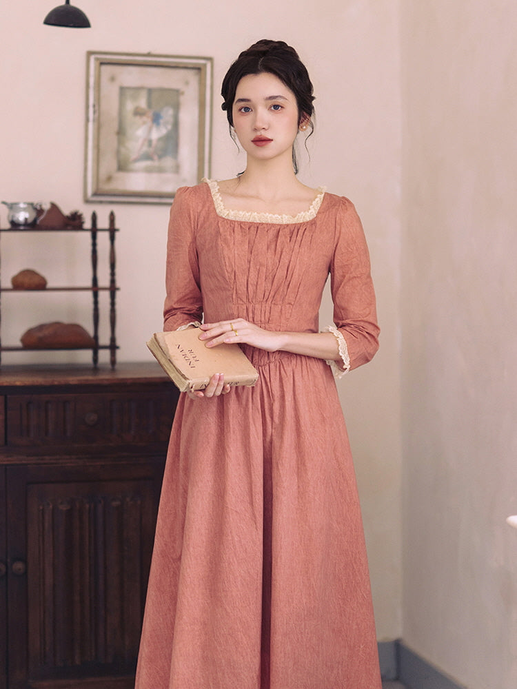 Retro Lace-Trimmed Cotton Dress
